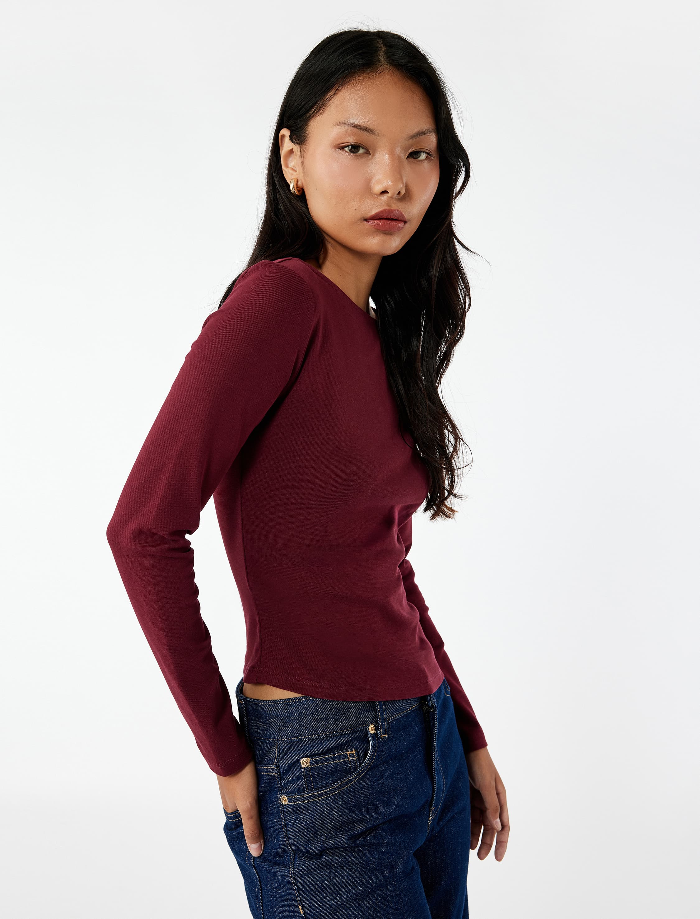 Asimetrik Kayık Yaka Kolsuz Slim Fit Uzun Kollu Tişört - Görsel 1